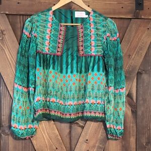 Anthropologie Siddhartha Bansal Lahiri Bohemian Green and Pink Blouse